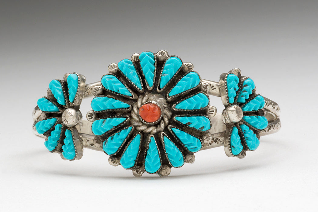 Carved Sleeping Beauty Turquoise & Red Coral Rosette Cuff Bracelet