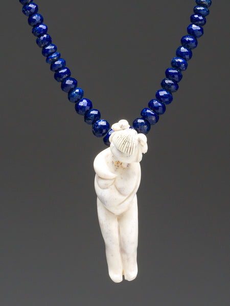 Antler "Mother" Pendant Necklace With Faceted Lapis Lazuli Beads