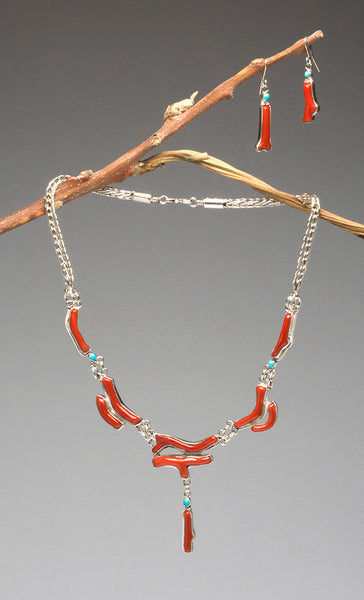 Natural Branch Red Coral & Sleeping Beauty Turquoise Necklace & Earrings Set